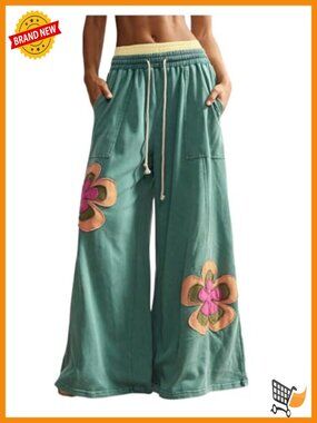 Boho Floral Wide Leg Sweatpants Low Rise Drawstring Lounge Pants
